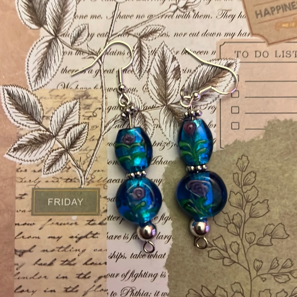 Fashion Handcrafted Blue Glass Bead Dangle Earrings